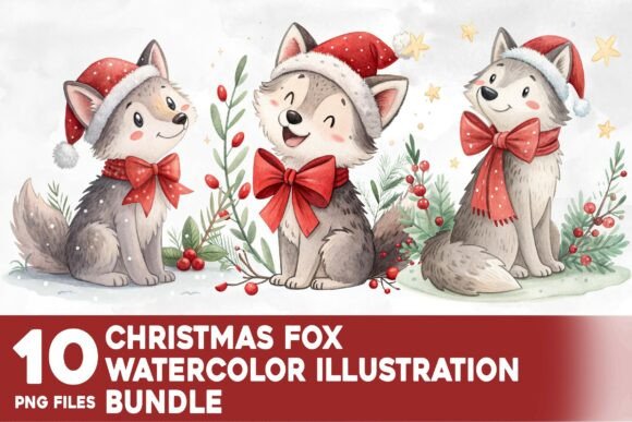 Christmas Fox Watercolor Bundle for Illustrations