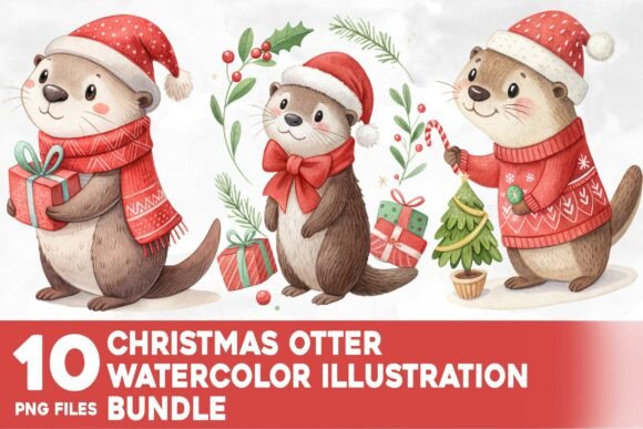 Christmas Otter Watercolor Bundle for Illustrations