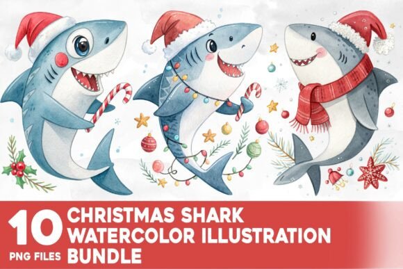 Christmas Shark Watercolor Bundle for Illustrations