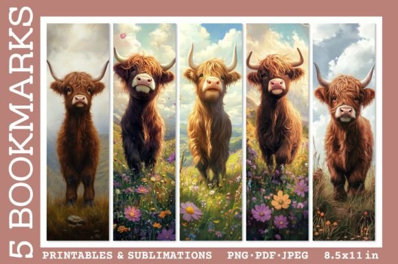 Cute Highland Cow Bookmarks PNG: A Charming Design Illustration for Creative Projects