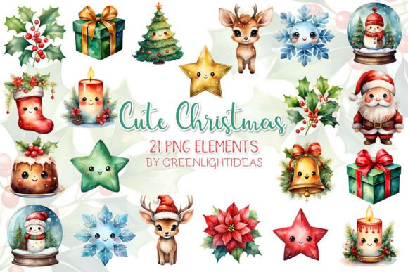 Watercolor Cute Kawaii Christmas Clipart