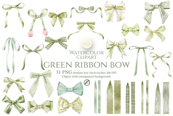 Watercolor Green Ribbon Bow Clipart for Illustrations