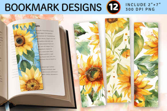 Watercolor Sunflowers PNG Bookmark Design for Illustrations